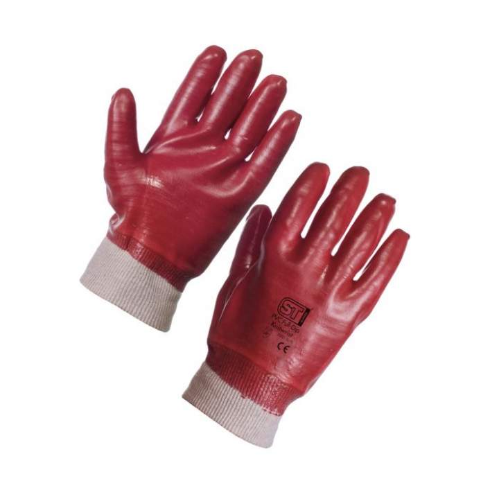 RED PVC KNITTED WRIST GLOVES LARGE - Pair